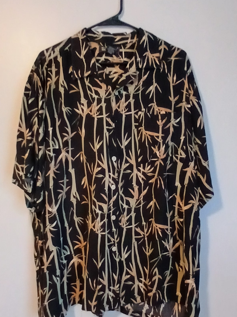 Men's Black Short-Sleeve Button-Down Shirt with Beige Bamboo Print